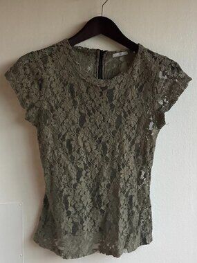 Olive Green Sheer Lace Top Exposed Back Zip Size S